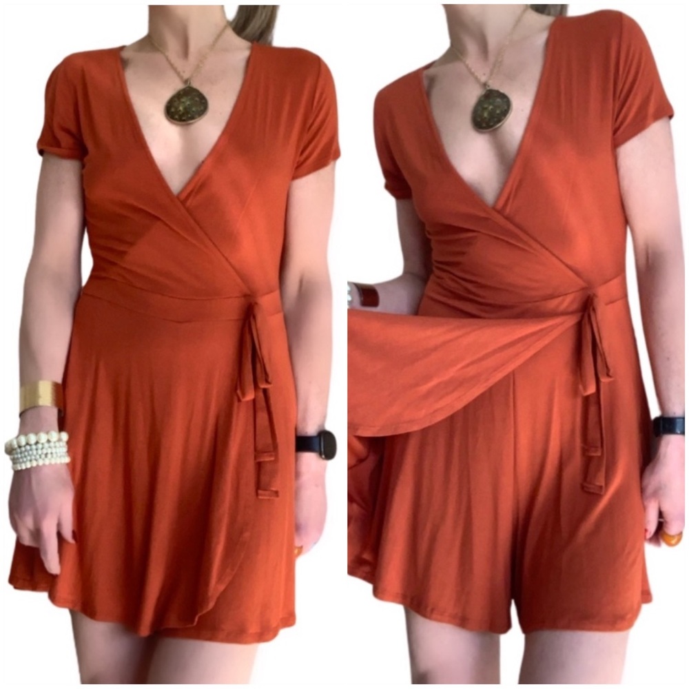 Rolla Coster Burnt Orange Skort Faux Plunging Neckline Wrap Dress Size Medium